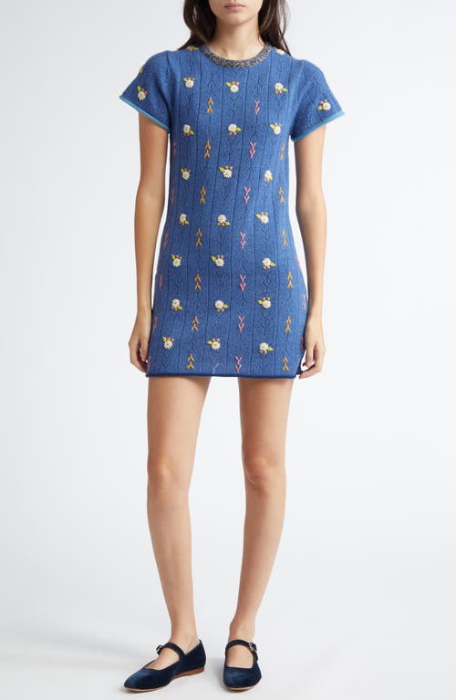 YanYan Daisy Embroidered Pointelle Knit Wool Sweater Dress in Denim Dark 