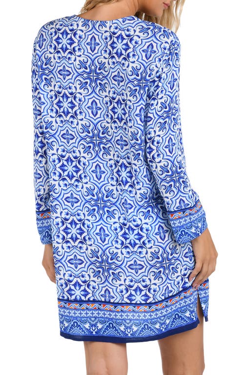 Shop La Blanca Alboran Lace-up Long Sleeve Cover-up Tunic<br> In Blue