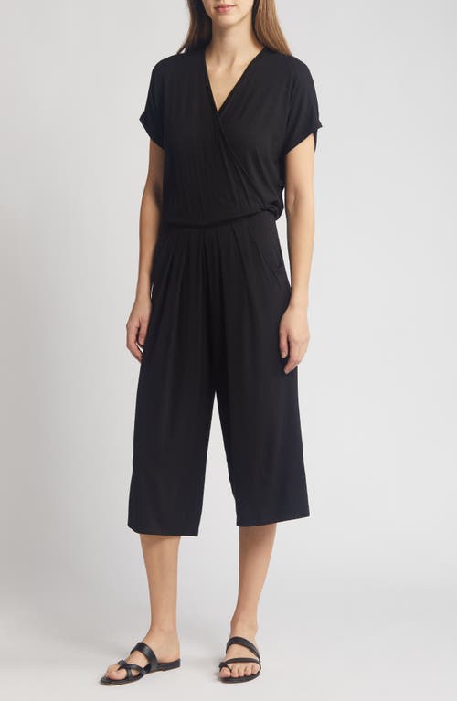 Short Sleeve Wrap Front Crop Jumpsuit in Black