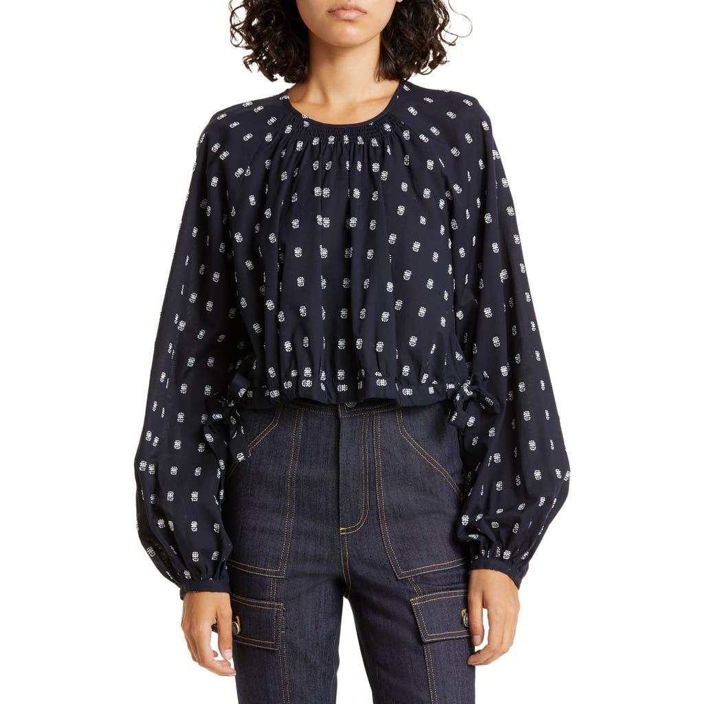 Cinq À Sept Embroidered Balloon Sleeve Cotton Top In Navy/white