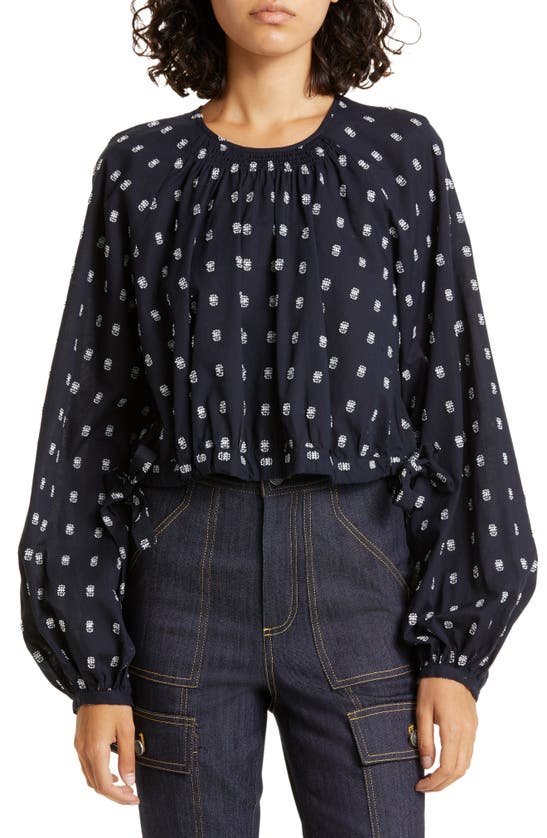 Shop Cinq À Sept Embroidered Balloon Sleeve Cotton Top In Navy/ White