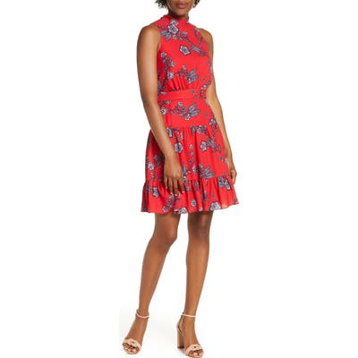 Eliza J Floral Mock Neck Crepe Fit & Flare Minidress, Red