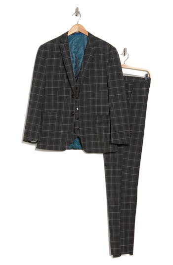 Gino Vitale Slim Fit Stretch Windowpane Three-piece Suit In Charcoal