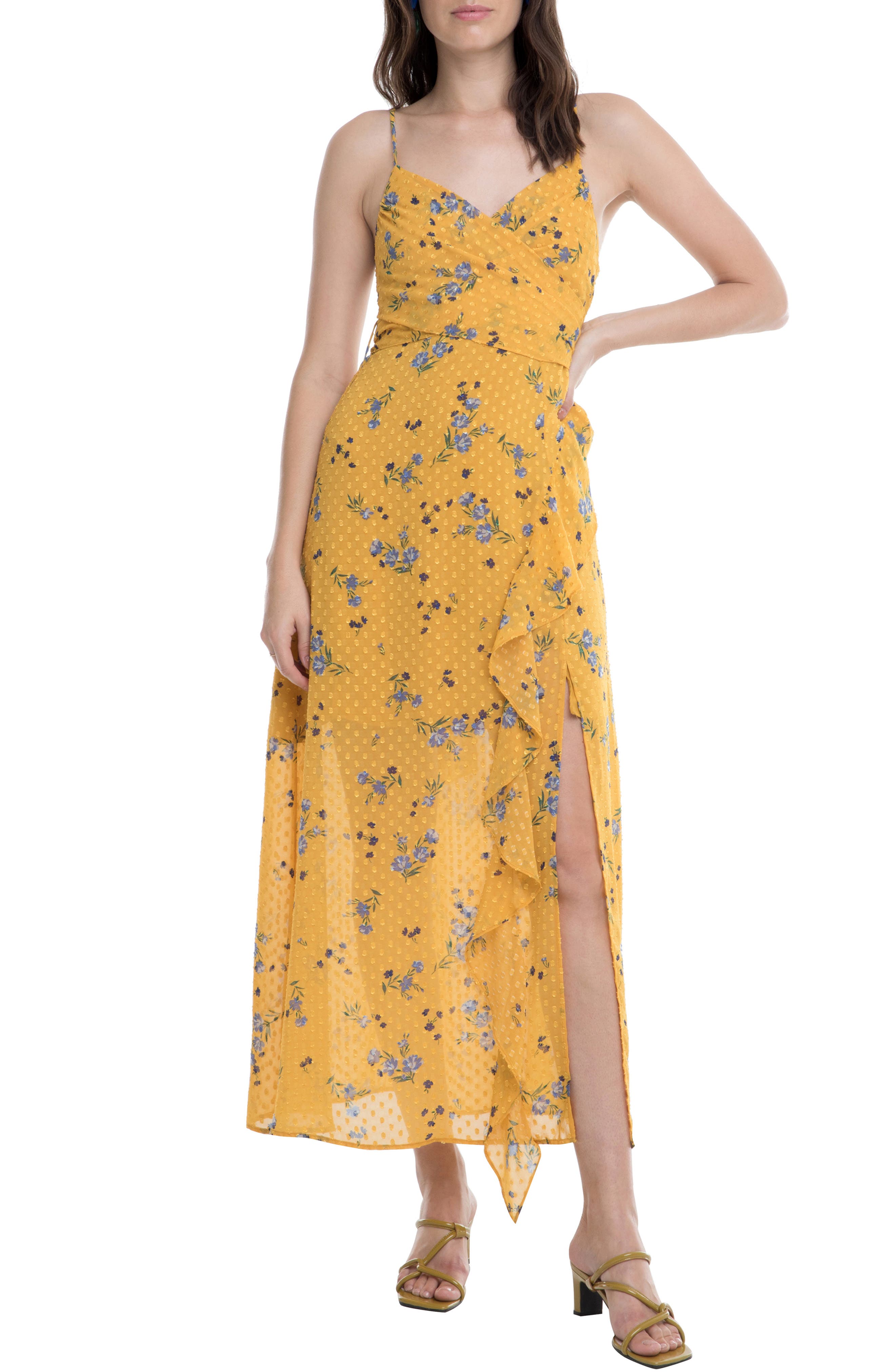 Astr The Label Bette Clip Dot Floral Print Wrap Dress, Yellow