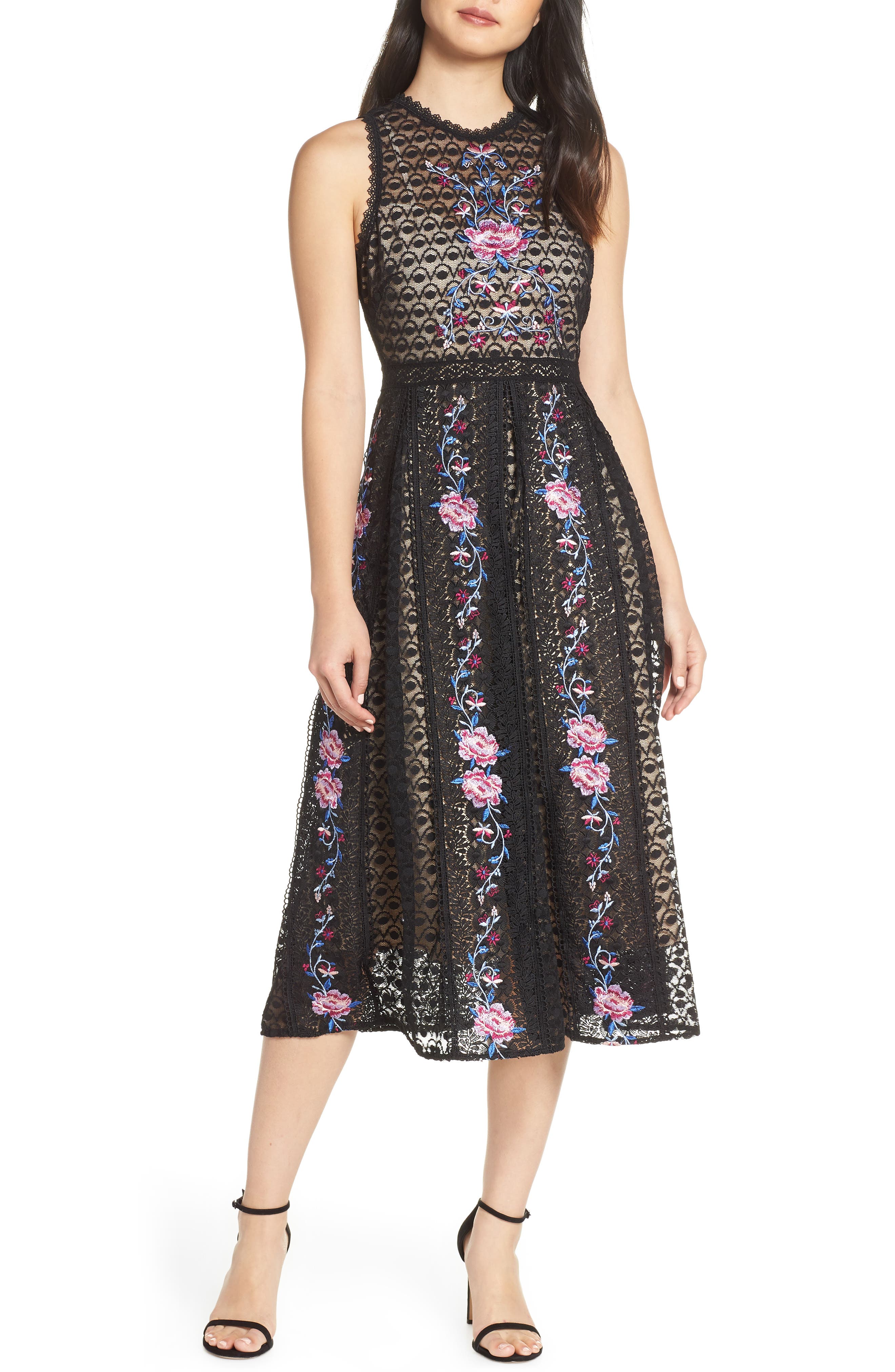 Foxiedox Lori Embroidered Lace Midi Dress, Black
