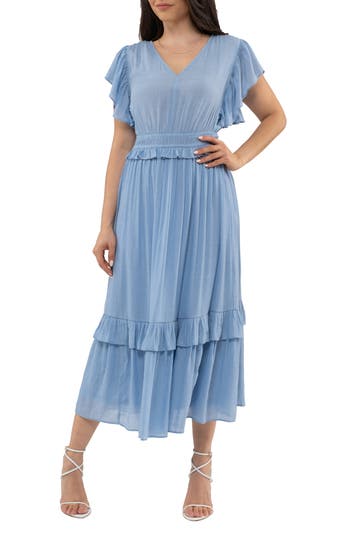 August Sky Flutter Sleeve Maxi Dress In Denim Blue