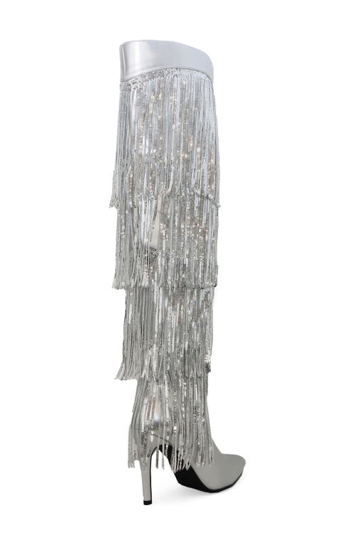 Yoki Nayla Sequin Fringe Knee High Boot In Silver