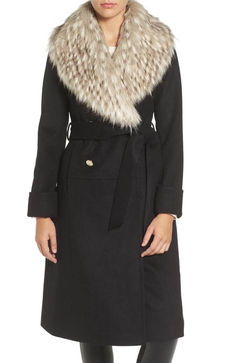 Eliza J Faux Fur Collar Belted Wool Blend Long Coat | Nordstrom