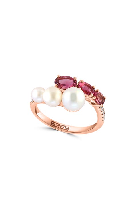 14K Rose Gold Pink Tourmaline, Diamond & Freshwater Pearl Ring - 0.07ct.