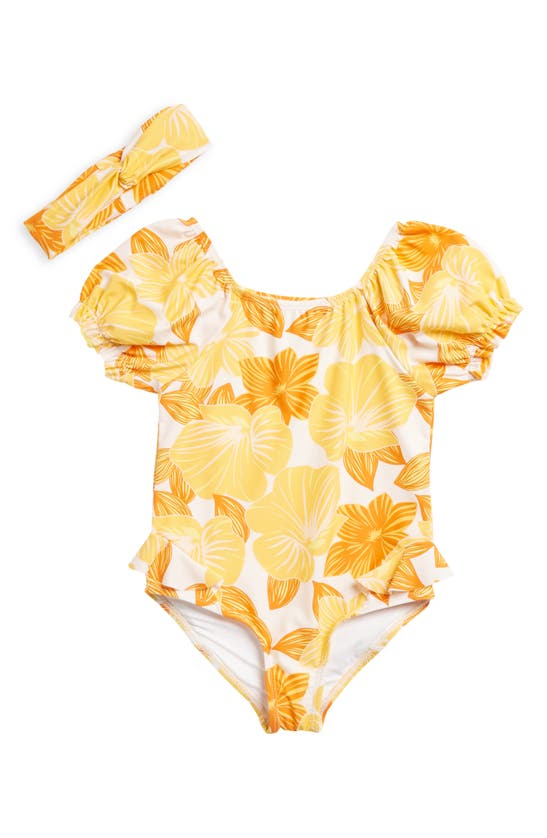 Shop Jessica Simpson Kids' Puff Sleeve One-piece Swimsuit & Headband In Orange