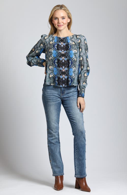 Apny Printed Smocked Cuff Top In Blue Multi