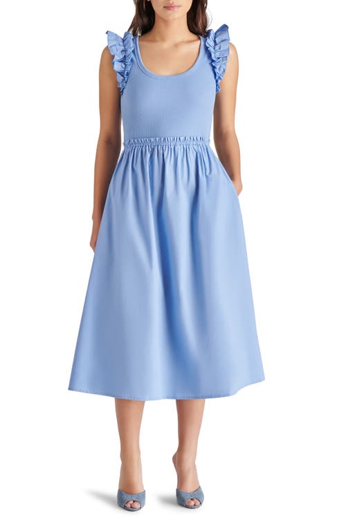 Adela Mixed Media Cap Sleeve Fit & Flare Dress in Azure Blue