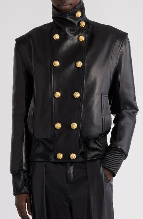 Shop Balmain High Collar Lambskin Bomber Jacket In Black