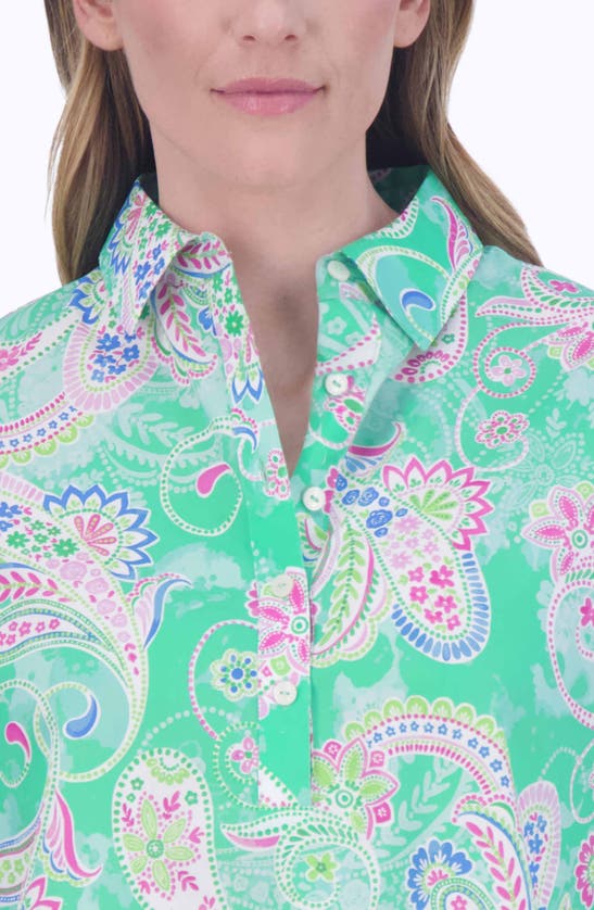 Shop Foxcroft Therese Paisley Non-iron High-low Button-up Shirt In Green Multi