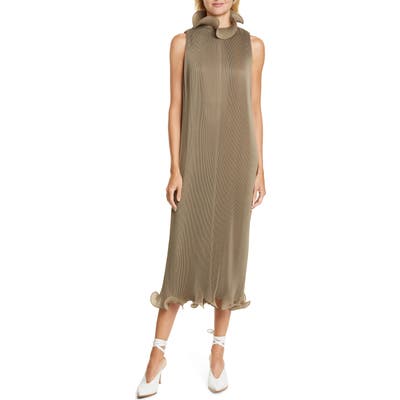 Tibi Ruffle Trim Pleated Midi Dress, Green
