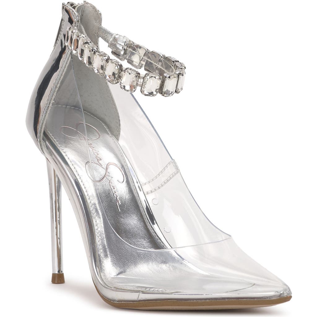 Jessica Simpson Samiyah Embellished Ankle Strap Pointed Toe Pump In Clear/silver