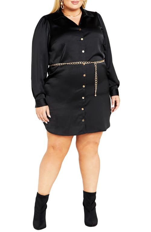 City Chic Faye Belted Long Sleeve Satin Shirtdress in Black at Nordstrom, Size Xxl