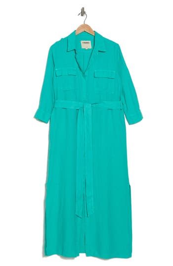 L Agence L'agence Cameron Long Sleeve Linen Maxi Shirtdress In Blue