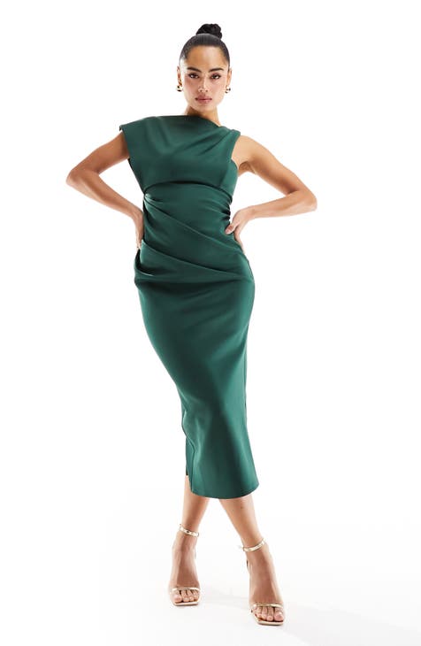 ASOS DESIGN Maternity bias cut satin wrap dress with tie waist & flutter  sleeve in dark green