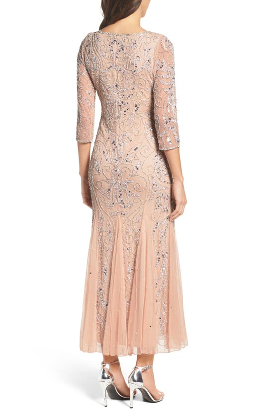 Shop Pisarro Nights Illusion Sleeve Beaded A-line Gown In Blush