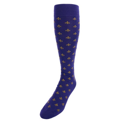 Trafalgar Atlas Fleur De Lis Over The Calf Fine Merino Wool Socks In Purple And Gold Fleur Di Lis