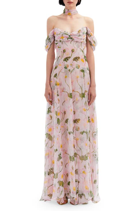 Poppy Print Ruched Off the Shoulder Silk Chiffon Gown