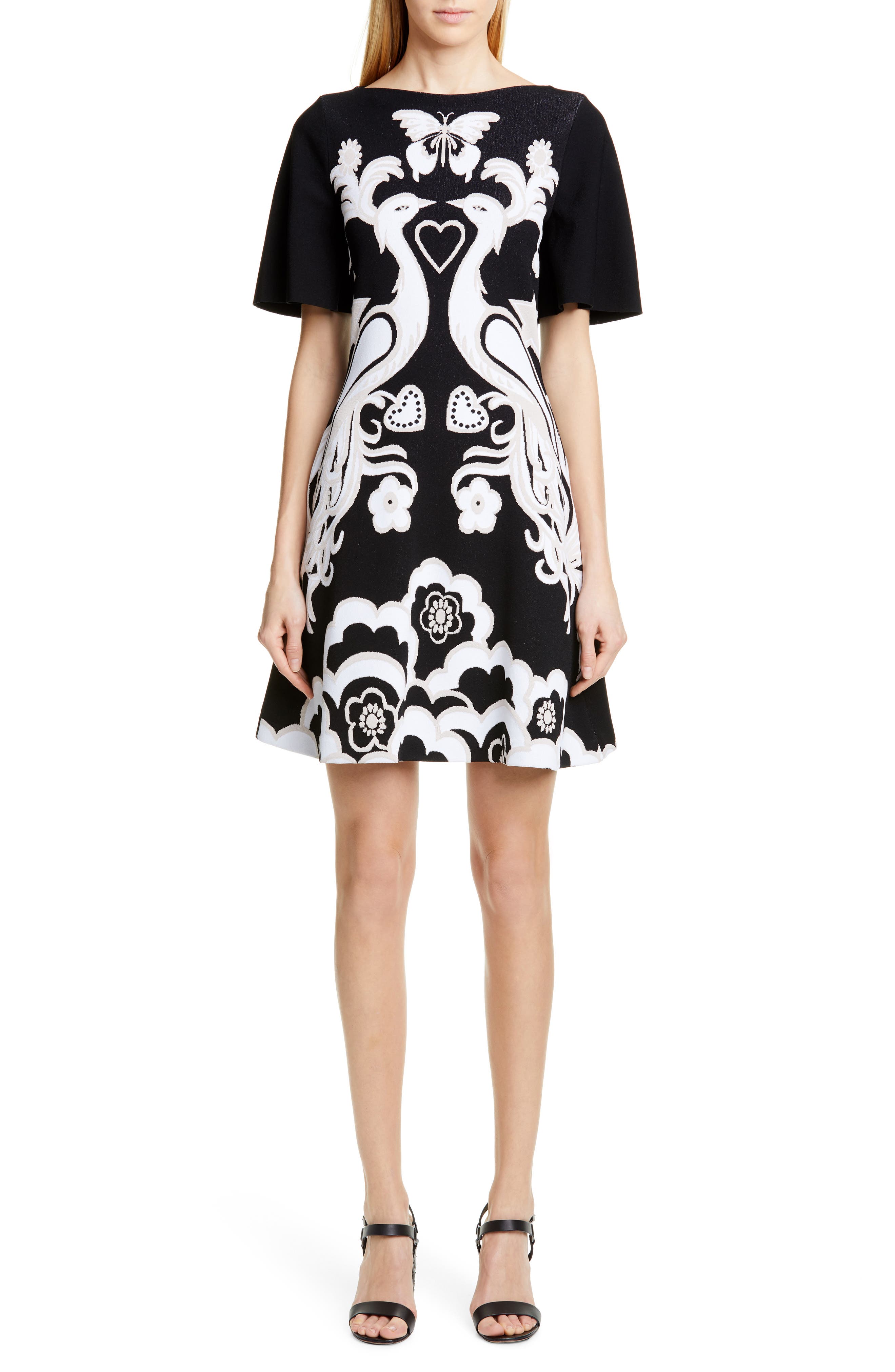 Valentino Jacquard Bird Shift Dress, Black