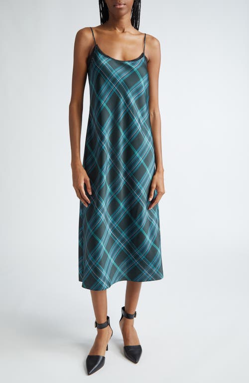 Shop Vince Plaid Satin Midi Slipdress In Jade Onyx