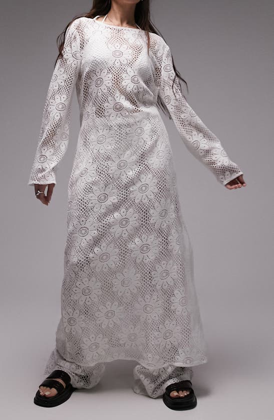 Topshop Long Sleeve Floral Lace Cover-up Maxi Dress In Stone