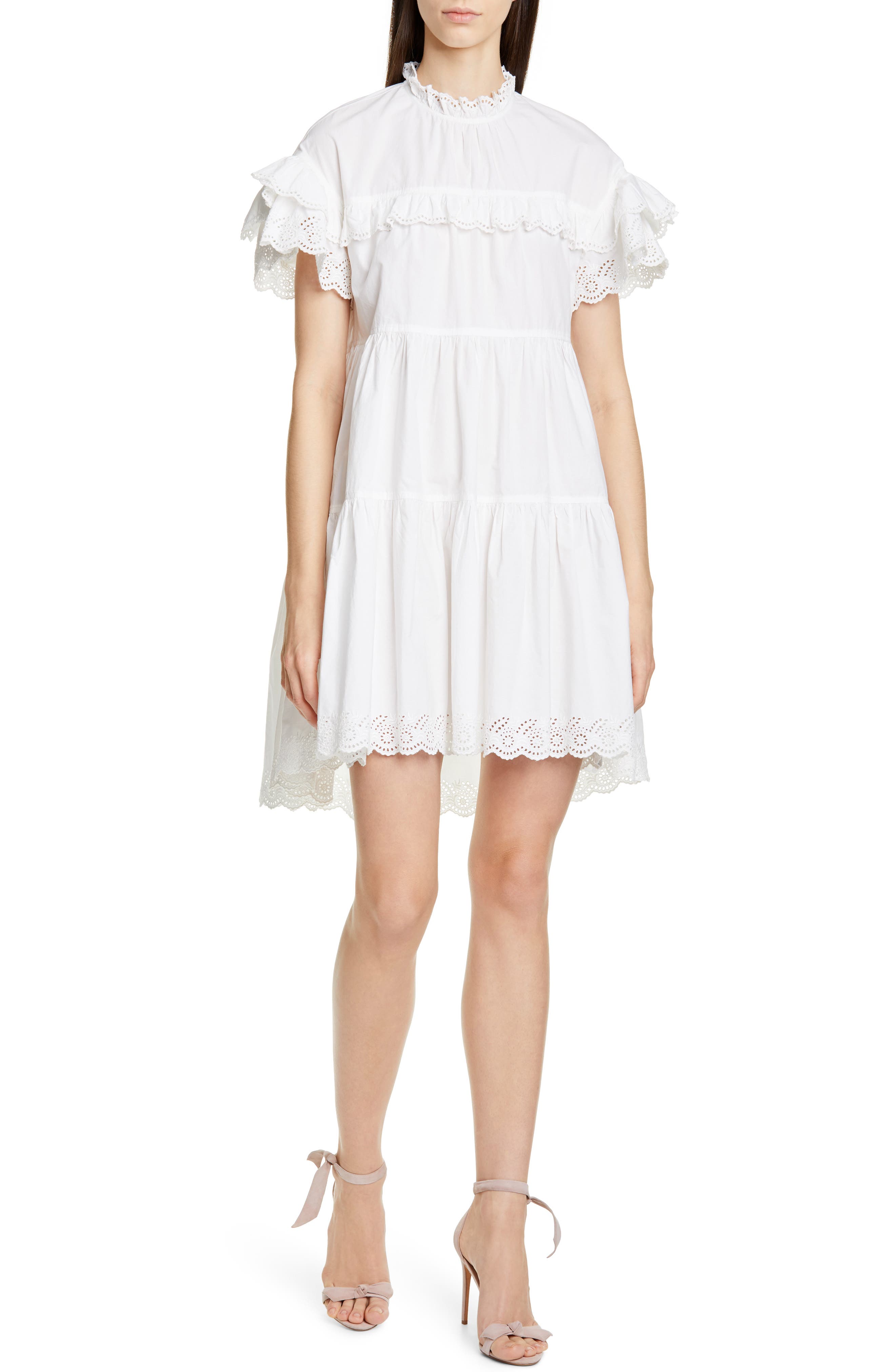Ulla Johnson Leonie Eyelet Trim Trapeze Dress, White