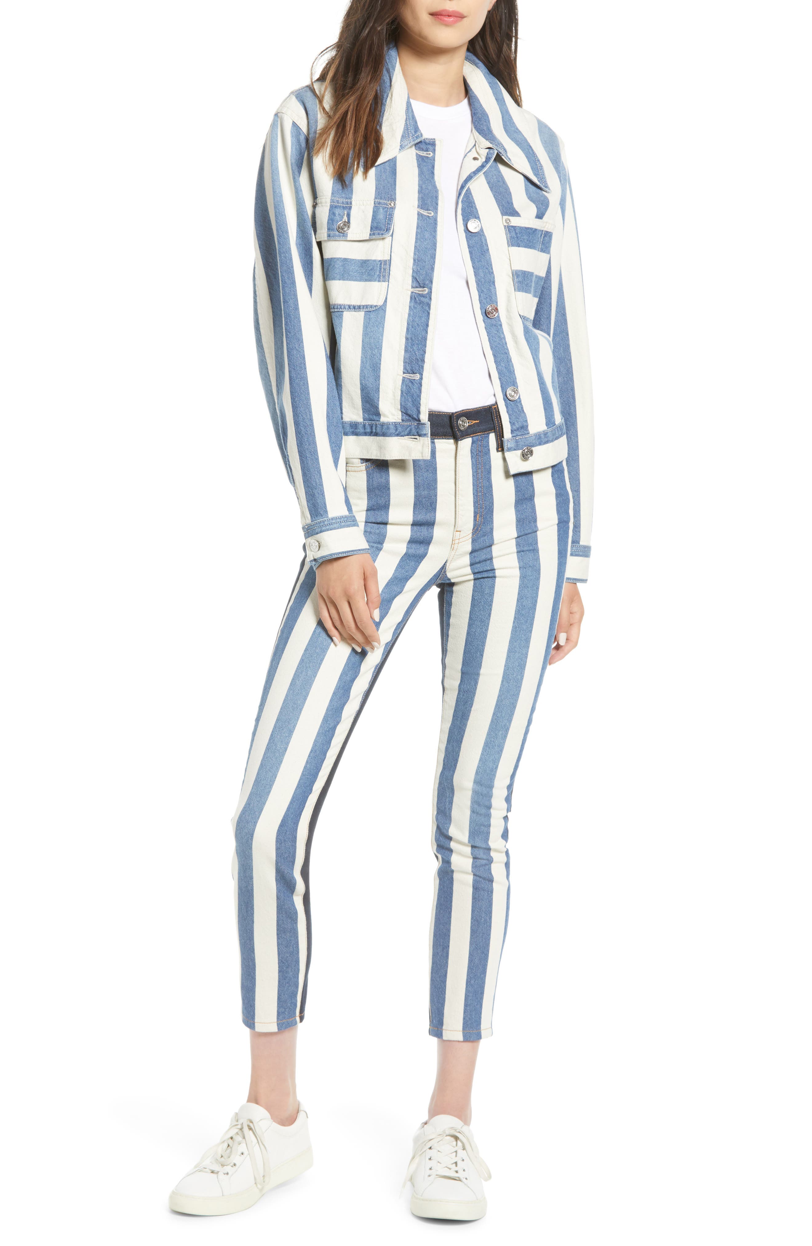 blue and white striped jean jacket