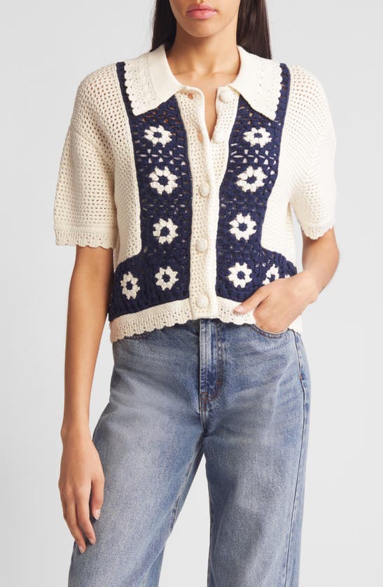 Shop Rails Milan Crochet Accent Open Stitch Short Sleeve Cotton Sweater In Navy Crochet Daisies