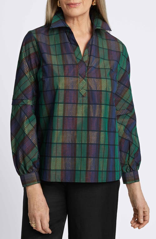 Foxcroft Frankie Plaid Popover Top in Green Multi 