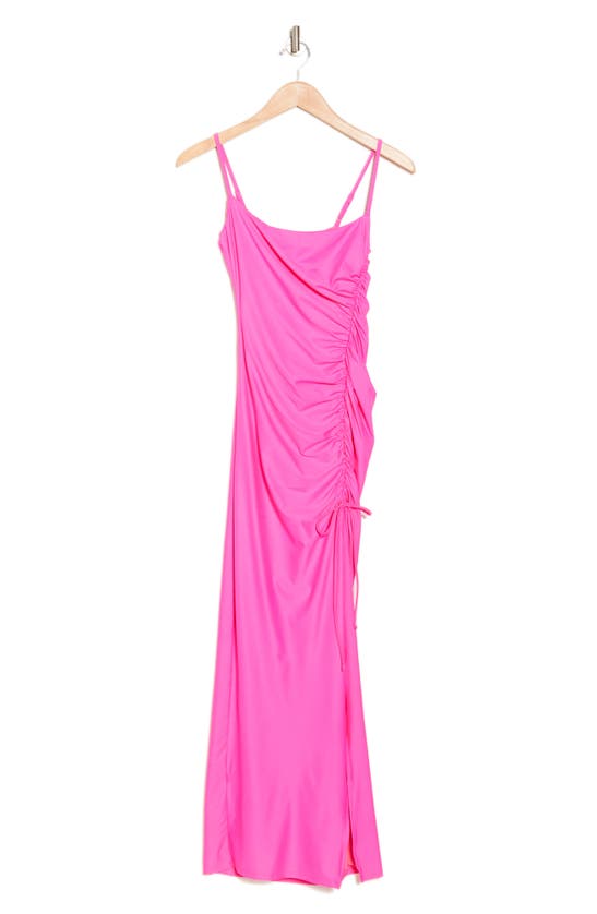 Good American Ruched Satin Slipdress In Knockout Pink 001