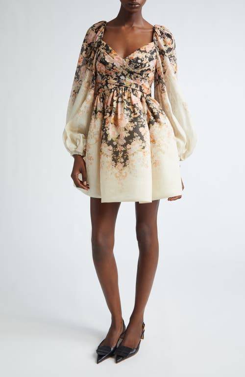 Shop Zimmermann Illustration Floral Long Sleeve Draped Linen & Silk Minidress In Tea Rococo Floral