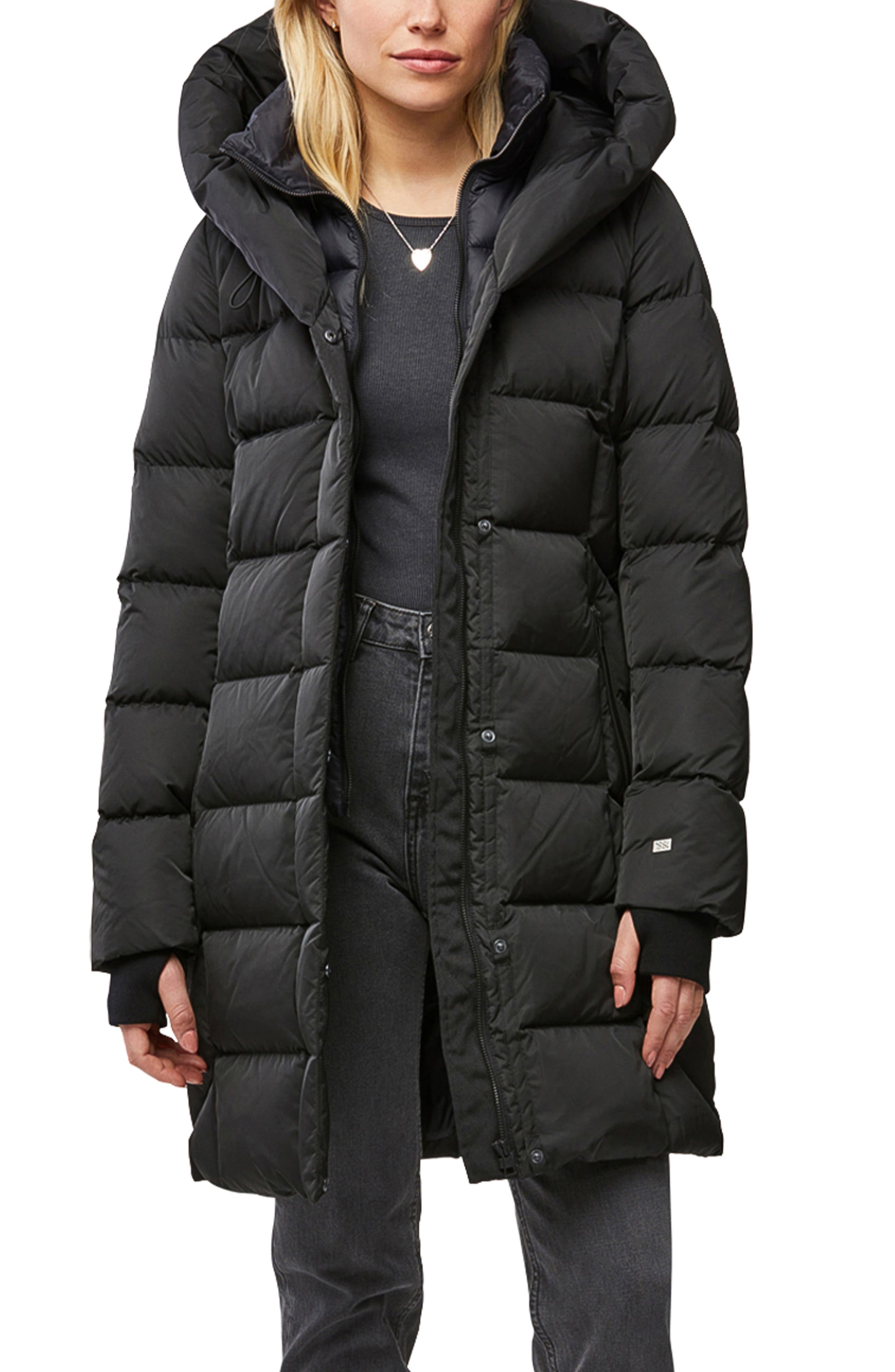 womens mid length black puffer coat