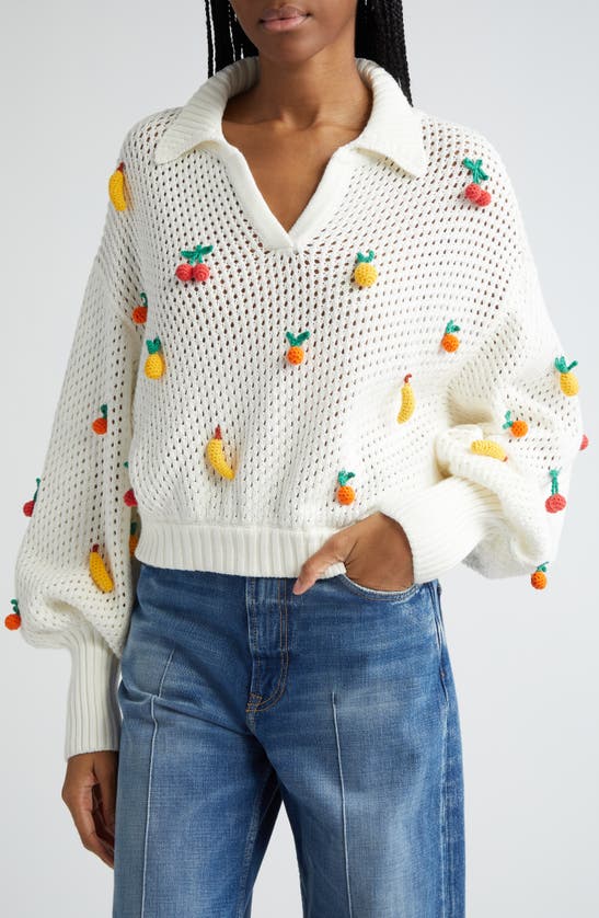 Farm Rio Open Stitch Crochet Fruit Johnny Collar Cotton Sweater In Off-white