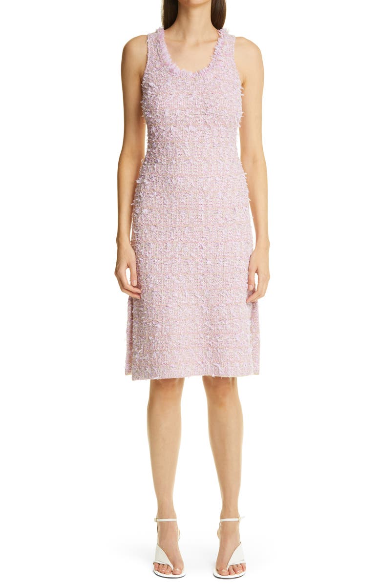 ST. JOHN COLLECTION Fringe Tweed Sheath Dress, Main, color, LILAC/ CREAM