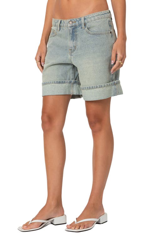 Edikted Cuff Washed Denim Bermuda Shorts In Light-blue