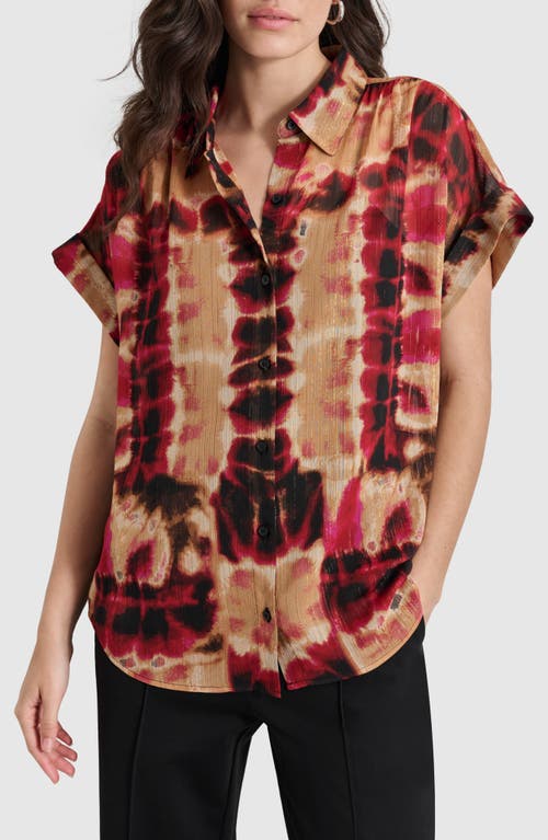 Shop Dkny Metallic Crinkle Short Sleeve Chiffon Button-up Shirt In Rippled Inkblot