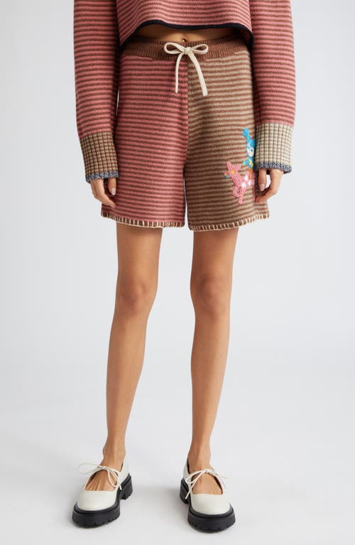 Embroidered Colorblock Stripe Wool Sweater Shorts in Hazelnut/Rose