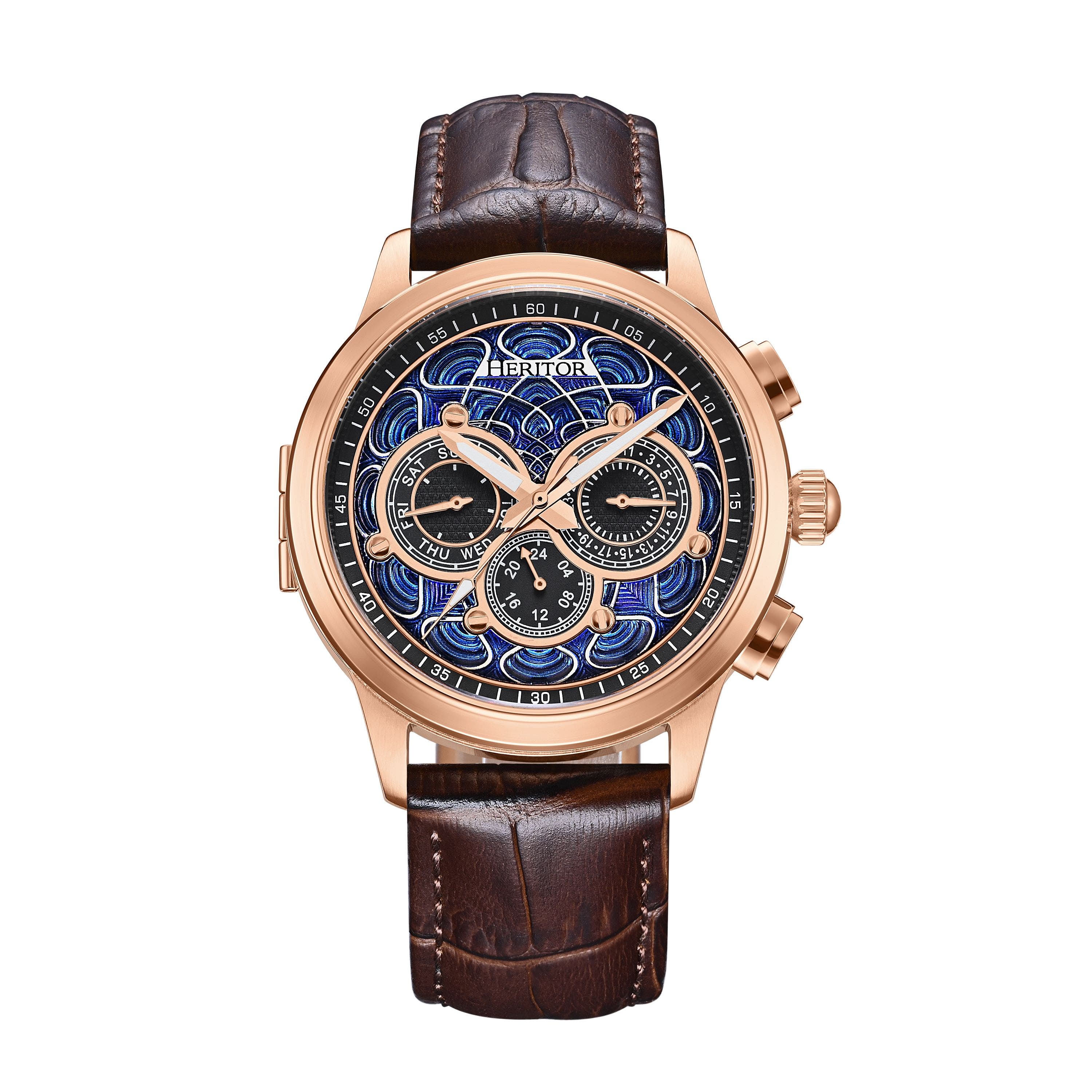 Heritor Automatic Apostle Leather-Band Watch w/ Day/Date in Rose Gold/brown Cover