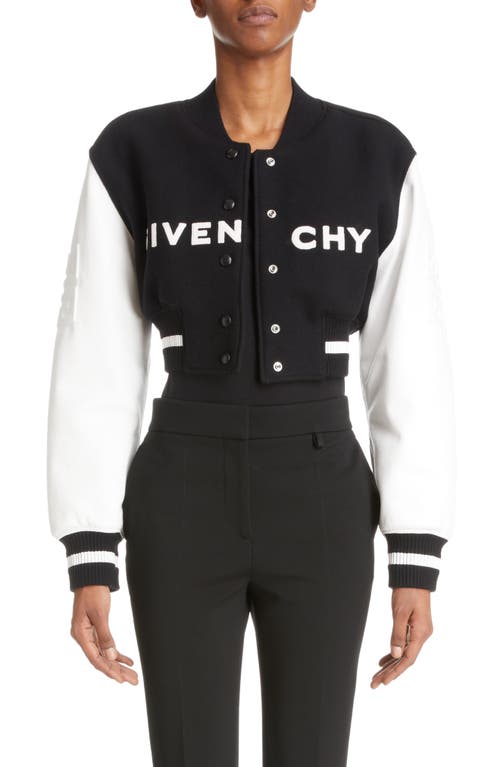 Givenchy Leather Sleeve Virgin Wool Blend Crop Varsity Jacket in Black/White