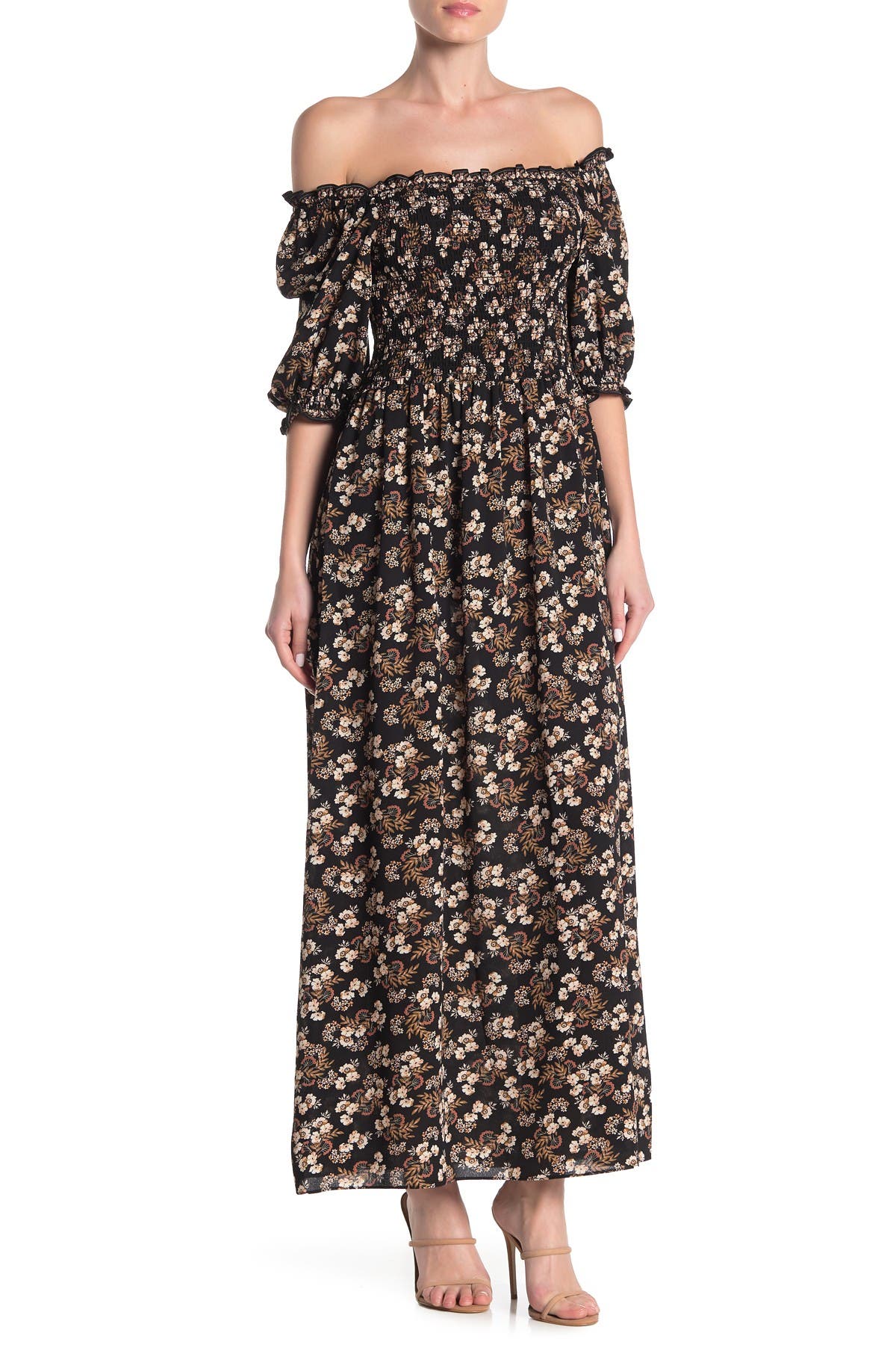 max studio floral print smocked maxi dress