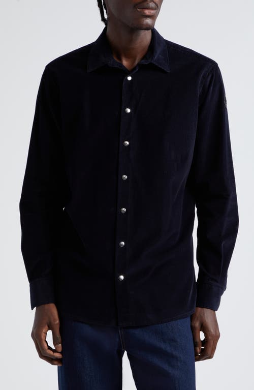 Moncler Leather Logo Patch Corduroy Snap-Up Shirt in Navy Blue at Nordstrom, Size Small
