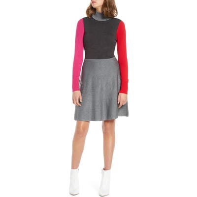 Petite Eliza J Colorblock Long Sleeve Fit & Flare Sweater Dress, Grey