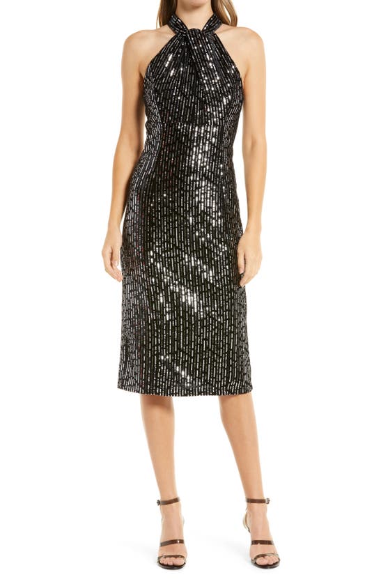 JULIA JORDAN SEQUIN HALTER NECK VELVET COCKTAIL DRESS