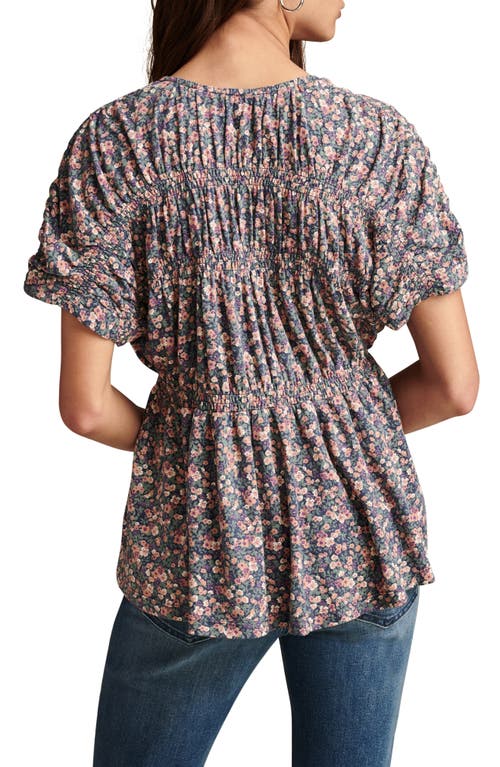 Shop Lucky Brand Print Smocked Tie Neck Peplum Top In Blue Floral