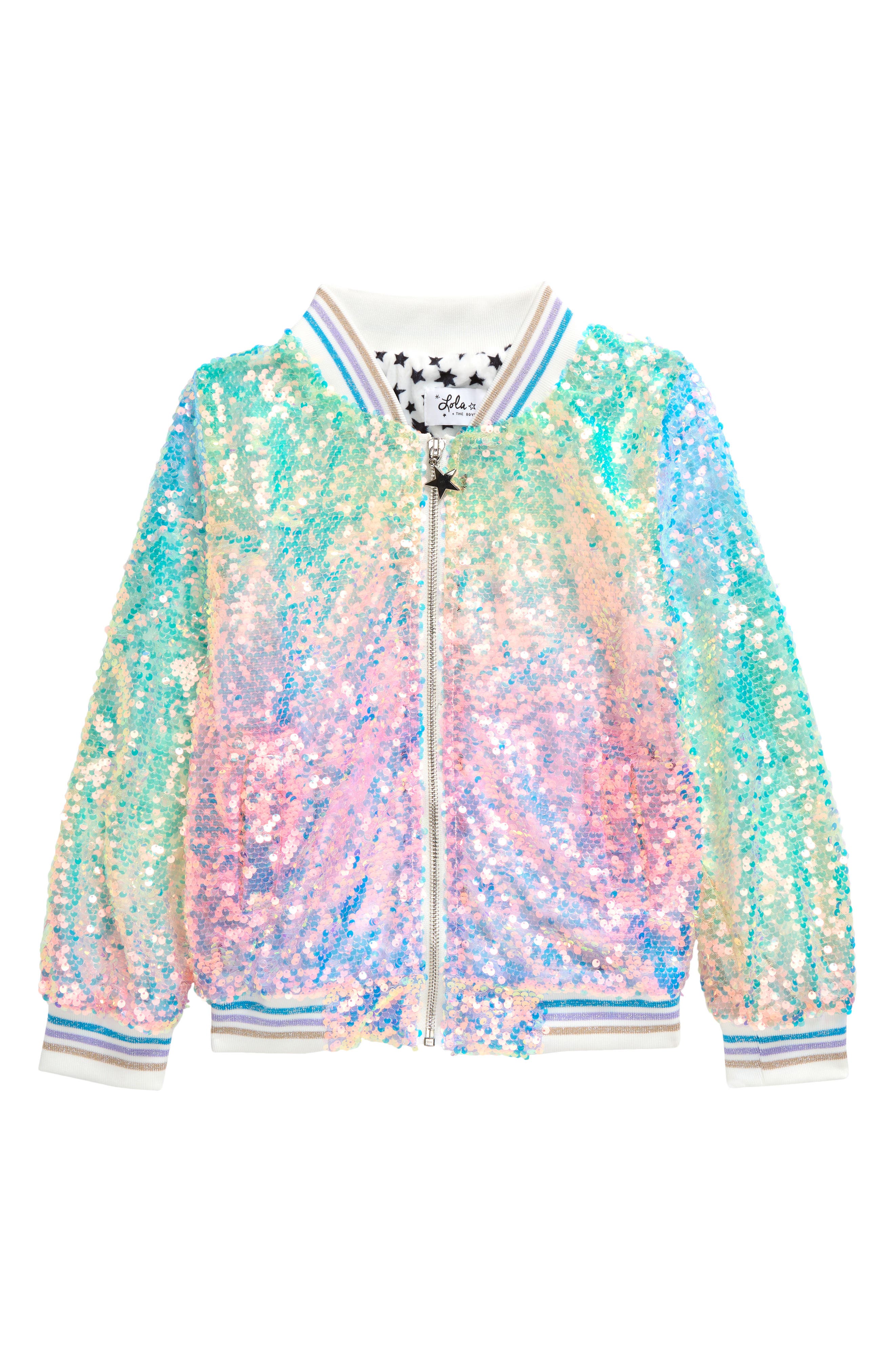 Lola & the Boys Kids' Icy Ombré Sequin Bomber Jacket in Pink/Teal Multi 