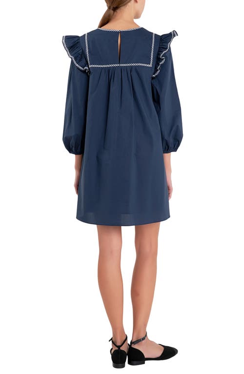 Shop English Factory Embroidered Ruffle Cotton Minidress In Navy/white